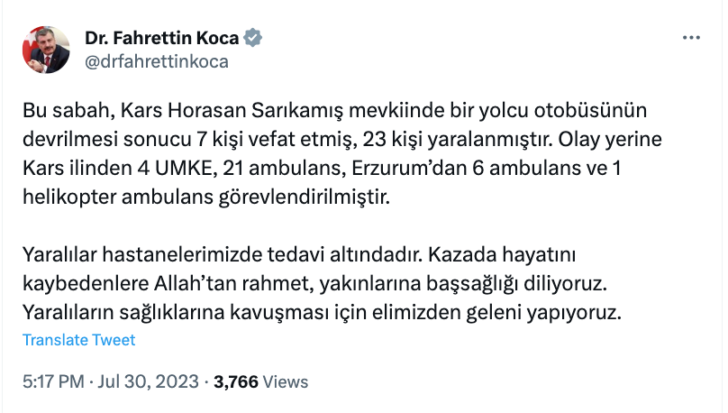 saglik bakani fahrettin koca dan kars ta meydana gelen otobus kazasiyla ilgili aciklama